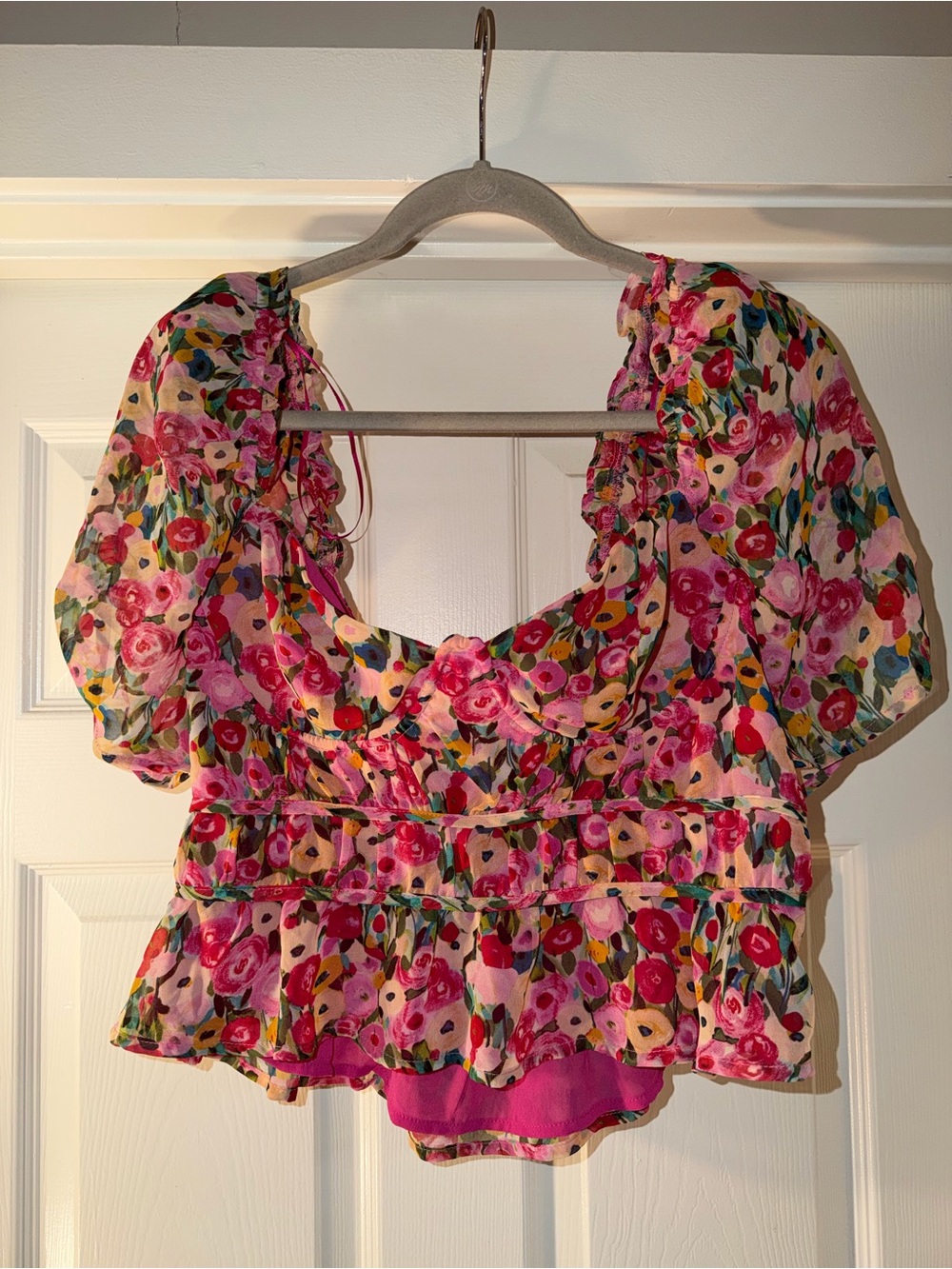 Astr Floral Puff-Sleeve Peplum Top - Pink Multi Large